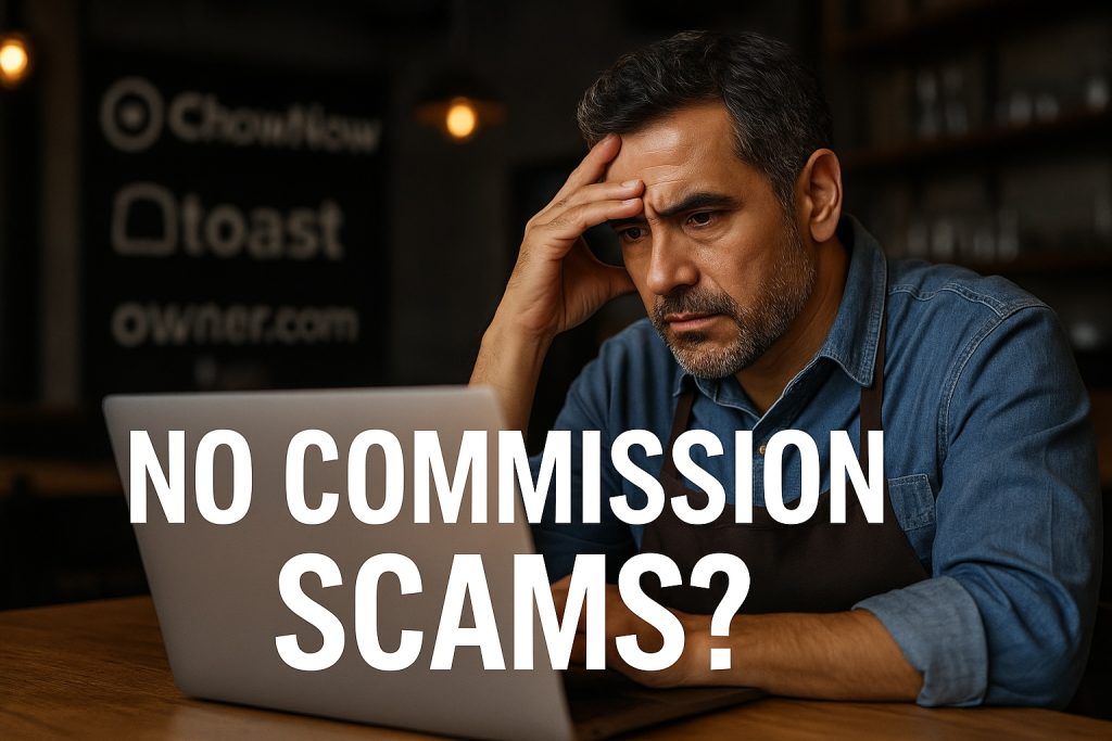 image of restaurant owner staring at computer contemplating with the title "No Commission Scams"
