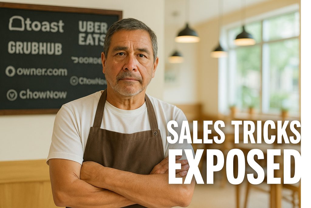 restaurant owner in restaurant with text sales tricks exposed