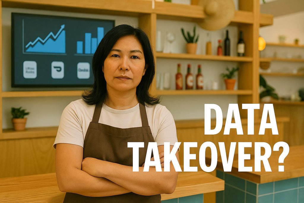 female restaurant owner with text data takeover