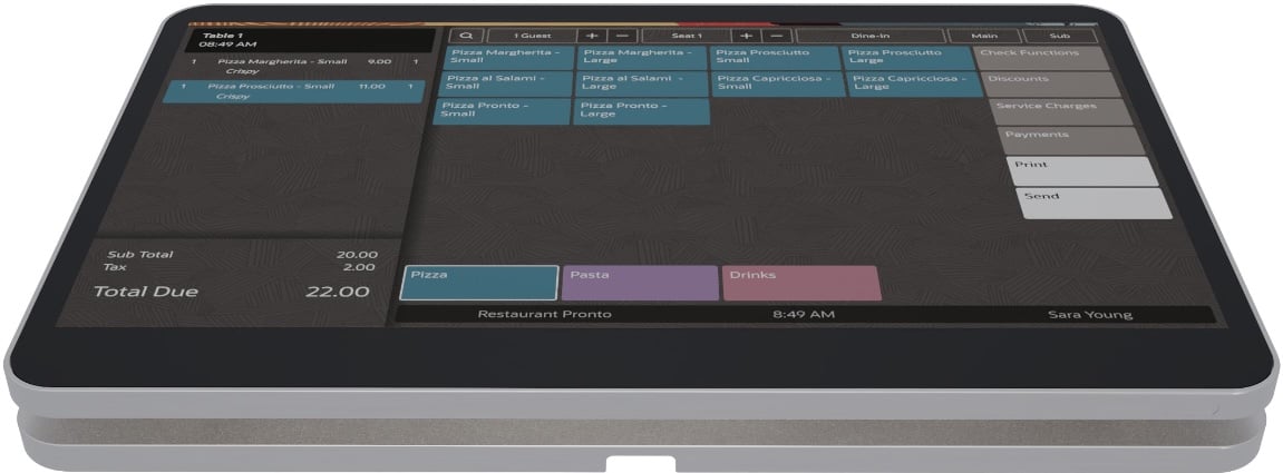 A digital point-of-sale (POS) system displaying orders for pizza and drinks, with a total amount of 22.00. The screen is gearded into sections for various functions and an order summary.