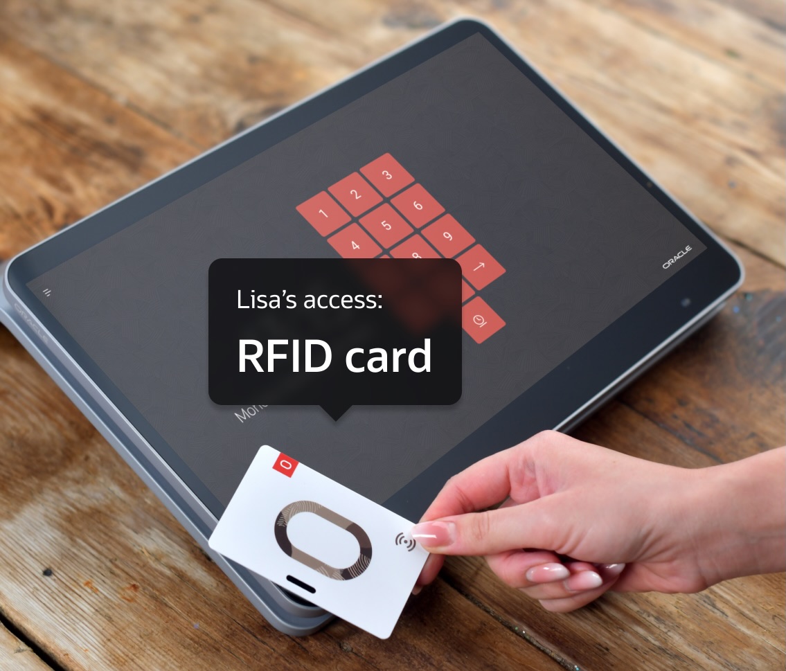 A hand holds an RFID card near a tablet screen displaying a numeric keypad. An overlay text reads "Lisa’s access: RFID card.