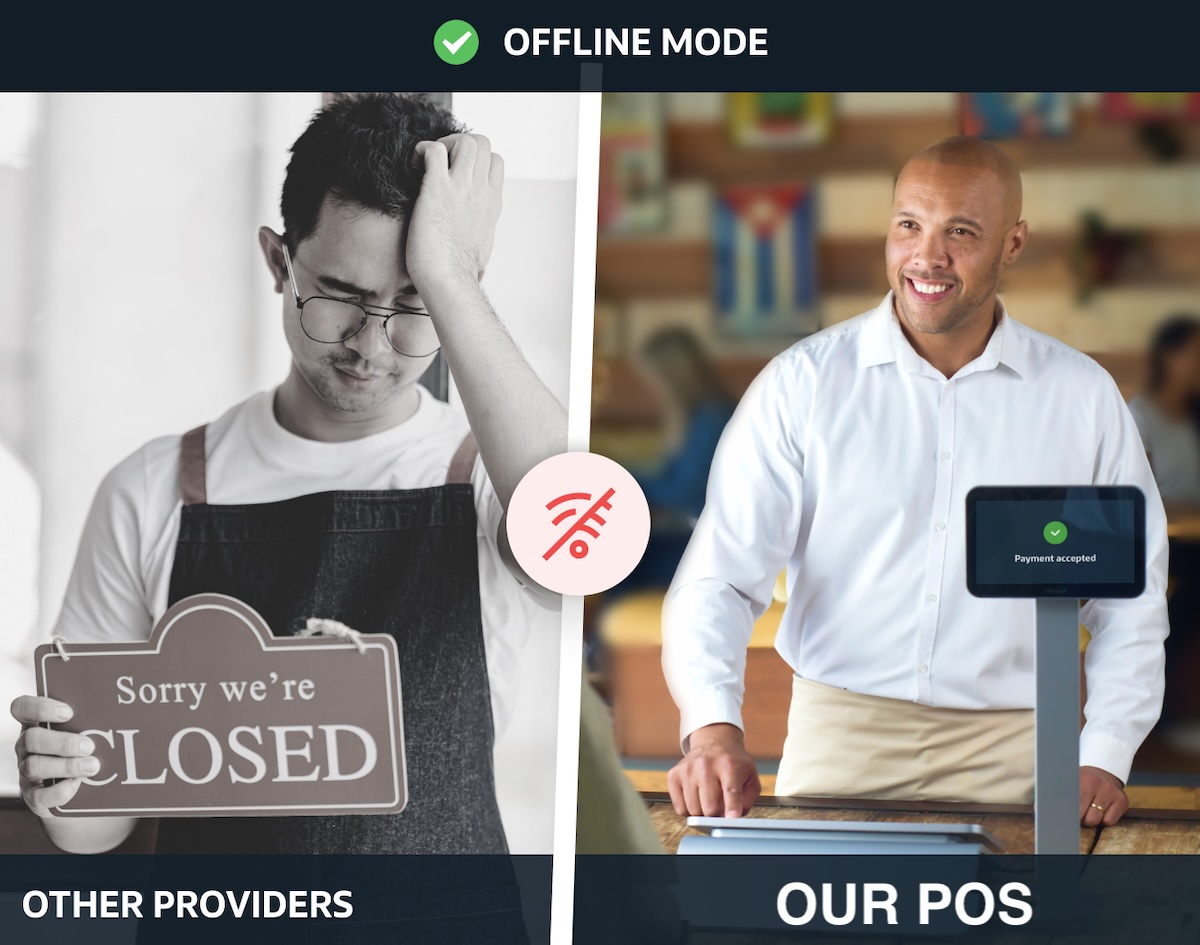 A split image showing "Other Providers" on the left with a stressed man holding a "Closed" sign and "Our POS" on the right with a smiling man at a checkout counter with "Payment Accepted" on the screen.