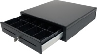 A black cash register drawer with multiple compartments, partially open, revealing sections for currency and coins, and featuring a key lock on the front.