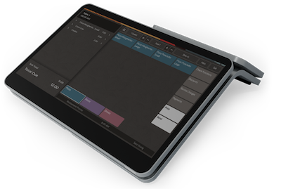 A tablet device displaying a point-of-sale (POS) system with options for various functions, including sale, discount, and payment methods.