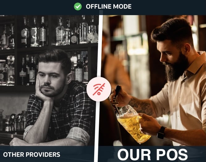 Two images side by side: left shows a bored bartender by a bar labeled "Other Providers"; right shows a busy bartender pouring beer labeled "Our POS." A Wi-Fi off icon is at the center top.