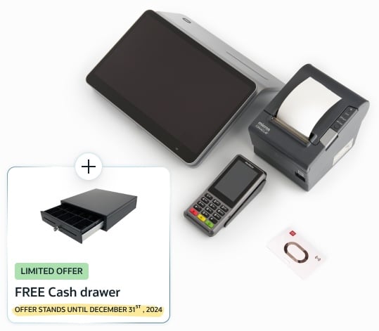 A point-of-sale system consisting of a tablet, receipt printer, card reader, and wristband. An inset shows a free cash drawer offer valid until December 31st, 2024.