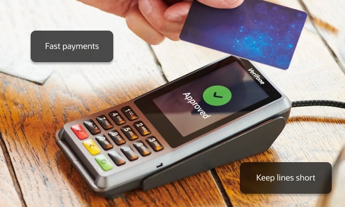 A hand holds a card over a payment terminal displaying "Approved." Text boxes read "Fast payments" and "Keep lines short.