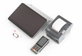 A point of sale system consisting of a tablet, a receipt printer with inserted paper, a payment terminal, and a security cable, arranged against a white background.