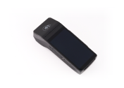 A handheld electronic device with a large black screen and a logo near the top, photographed against a white background.