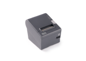 A black thermal receipt printer on a white background.