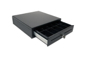 A black metal cash drawer with a lock and key, partially open to show several compartments for organizing bills and coins.