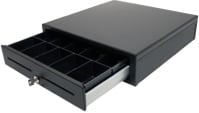 A black cash register drawer with multiple compartments, partially open, revealing sections for currency and coins, and featuring a key lock on the front.