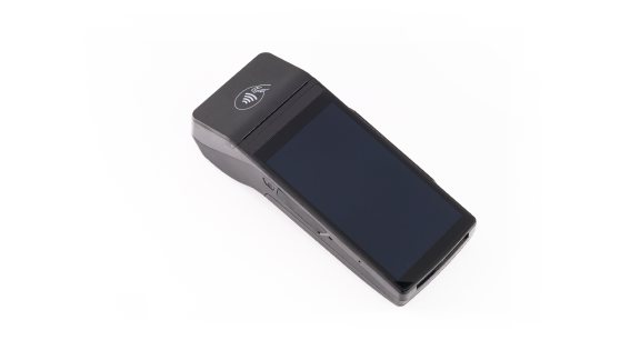 A black handheld point-of-sale (POS) terminal with a touchscreen and contactless payment symbol on top.