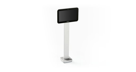 An interactive touchscreen kiosk with a rectangular screen mounted on a tall, slim, silver stand.