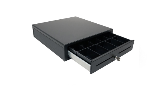 Black cash register drawer with a lock, featuring an open drawer showing multiple compartment slots for coins and bills.