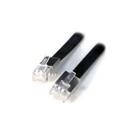 A black Ethernet cable with transparent RJ45 connectors at both ends.