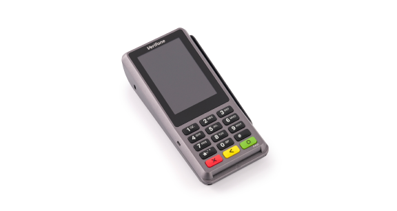 A Verifone payment terminal with a numeric keypad, colored buttons, and a touchscreen is displayed on a white background.