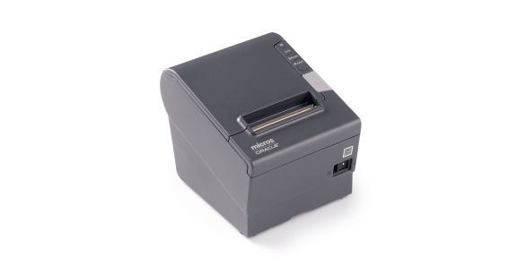 An angled view of a dark gray Micro Plus thermal receipt printer, showing a control panel on top and a paper slot.