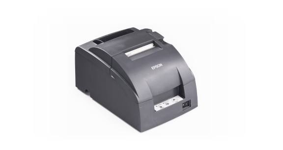 A black Epson receipt printer with a thermal paper roll partially visible at the top, designed for printing receipts in retail or hospitality settings.