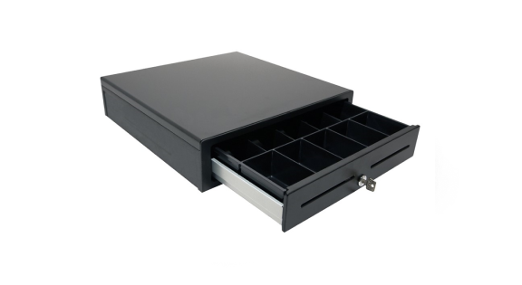 Black cash register drawer with a lock, featuring an open drawer showing multiple compartment slots for coins and bills.