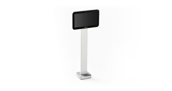 An interactive touchscreen kiosk with a rectangular screen mounted on a tall, slim, silver stand.
