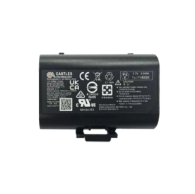 A black rechargeable battery with various certification logos and technical information, marked as 3.7V and 1200mAh. The branding reads "CASTLES TECHNOLOGY.
