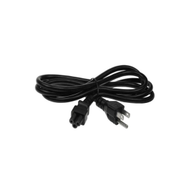 A coiled black power cord with a three-prong plug on one end and a cloverleaf-shaped connector on the other end.
