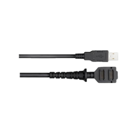 Two black cables, one with a USB-A connector and the other with a specific power plug connector. Both cables are shown from the side to display their connectors clearly.