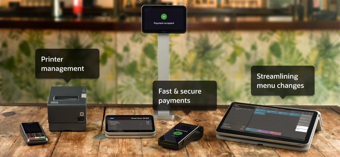 A variety of electronic devices with labels showcasing uses: "Printer management," "Fast & secure payments," and "Streamlining menu changes," displayed on a wooden surface in a restaurant setting.