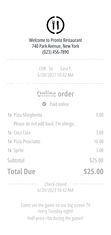 Receipt from Pronto Restaurant, New York, dated 6/20/2023. Lists four items ordered online, totaling $25.00. Includes promotional message for half-price ribs during games on Tuesdays.