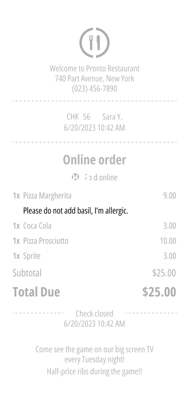 Receipt from Pronto Restaurant in New York, dated 6/20/2023. Items ordered: Pizza Margherita, Coca Cola, Pizza Prosciutto, and Sprite. Total cost: $25.00. Note requests not to add basil due to allergy.