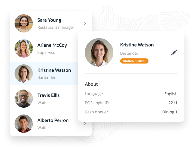 A user interface displays profiles of employees with roles. The highlighted profile is Kristine Watson, a bartender in training mode, with details about language, POS login ID, and cash drawer assignment.