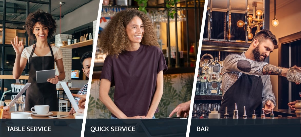 Three-paneled image showing: a server taking an order at a table, a cashier conducting a quick service transaction, and a bartender preparing a drink at the bar.