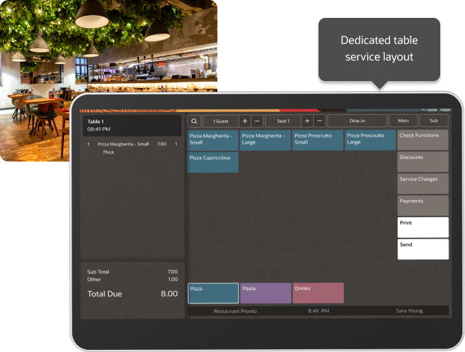 A restaurant setting with an ordering screen displaying a dedicated table service layout with menu items and functions for processing orders, payments, printing, and sending.