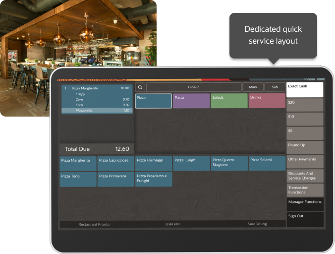 A point-of-sale terminal screen showing various menu items and prices with a quick service restaurant layout. Background image features a modern restaurant interior.