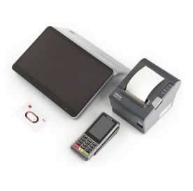 A point of sale system with a tablet, card reader, receipt printer, and a cash card.