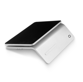 A white, L-shaped wireless charging stand with a black charging surface, designed to hold and charge devices.