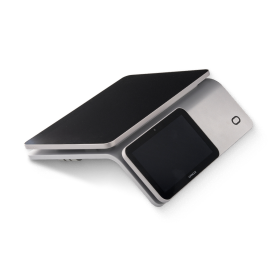 A sleek, modern electronic device featuring a touchscreen display and a foldable cover. Designed in silver and black, likely for use in professional or personal settings.
