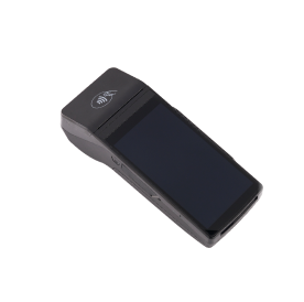 A black handheld payment terminal with a touchscreen and contactless payment symbol on the top.