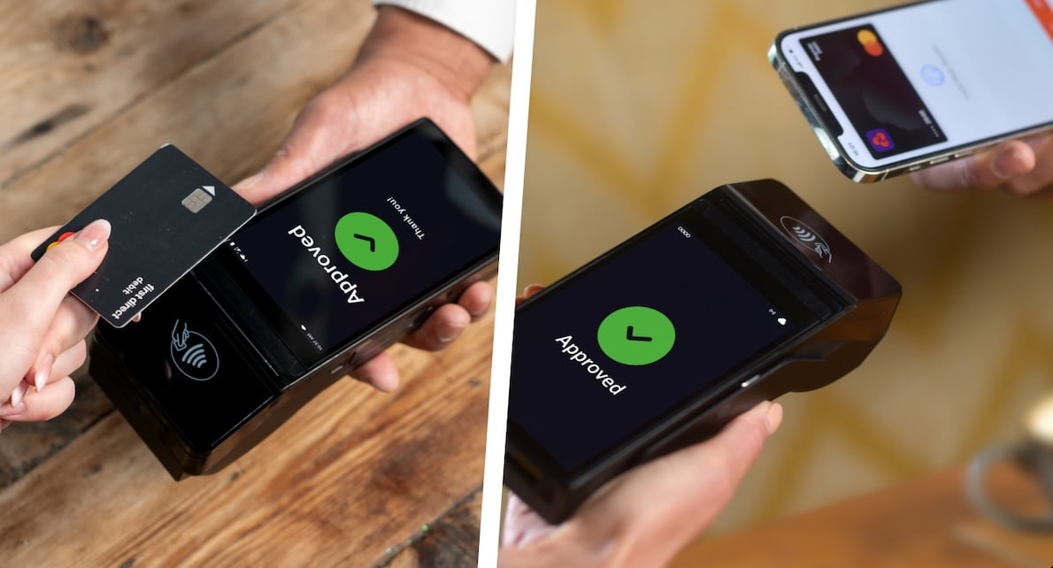 Two payment methods are displayed: on the left, a person is inserting a card and on the right, another person is using a smartphone for contactless payment. Both transactions are approved.