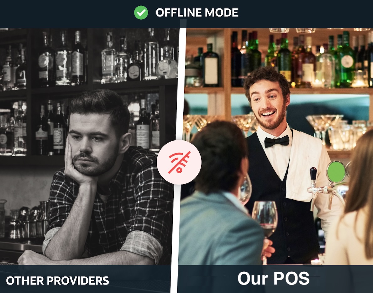 Split image with "Other Providers" showing a bored bartender in black and white on the left, and "Our POS" showing a smiling bartender serving customers in color on the right. "OFFLINE MODE" text above.