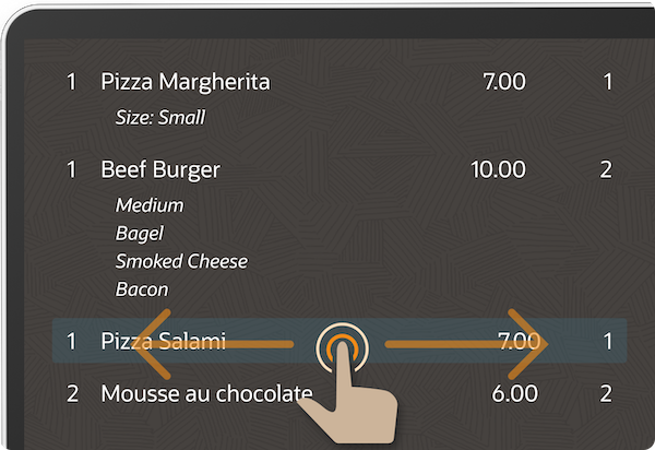 A touchscreen interface showing a restaurant order with items including Pizza Margherita, Beef Burger, Pizza Salami, and Mousse au Chocolate. A hand is selecting the Pizza Salami option.