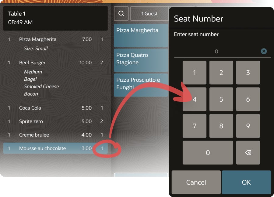 Restaurant ordering system showing a table order with food items and seat numbers interface. Item "Mousse au chocolate" is highlighted with an arrow pointing to a seat number entry pad with "4" pressed.