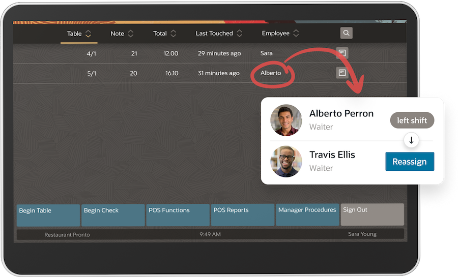 A touchscreen interface shows table management details and a notification to reassign a waiter. It depicts a task shift from one waiter to another with options to begin tasks and manage procedures.