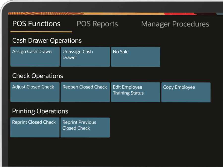 A menu screen displaying POS functions including Cash Drawer Operations, Check Operations, and Printing Operations with various options under each category.