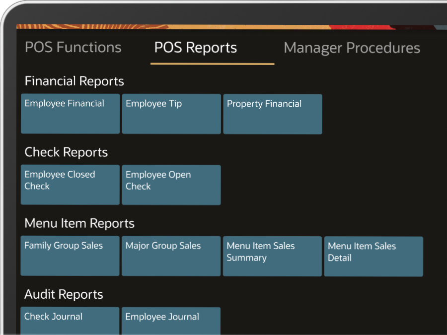Computer screen displaying a POS system interface with categories for Financial Reports, Check Reports, Menu Item Reports, and Audit Reports. Various report options are listed under each category.