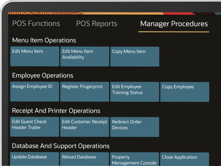 A computer screen displaying a manager procedures interface with options for menu item operations, employee operations, receipt and printer operations, and database support operations.