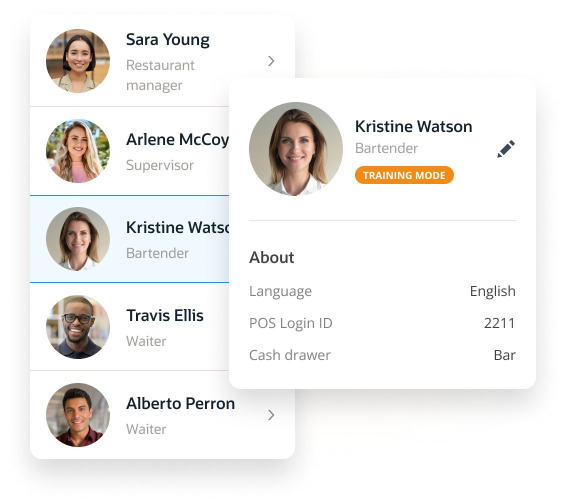 A list of employees including their roles and photos. Kristine Watson, a bartender currently in training mode, has a detailed profile displaying her language, POS login ID, and location.