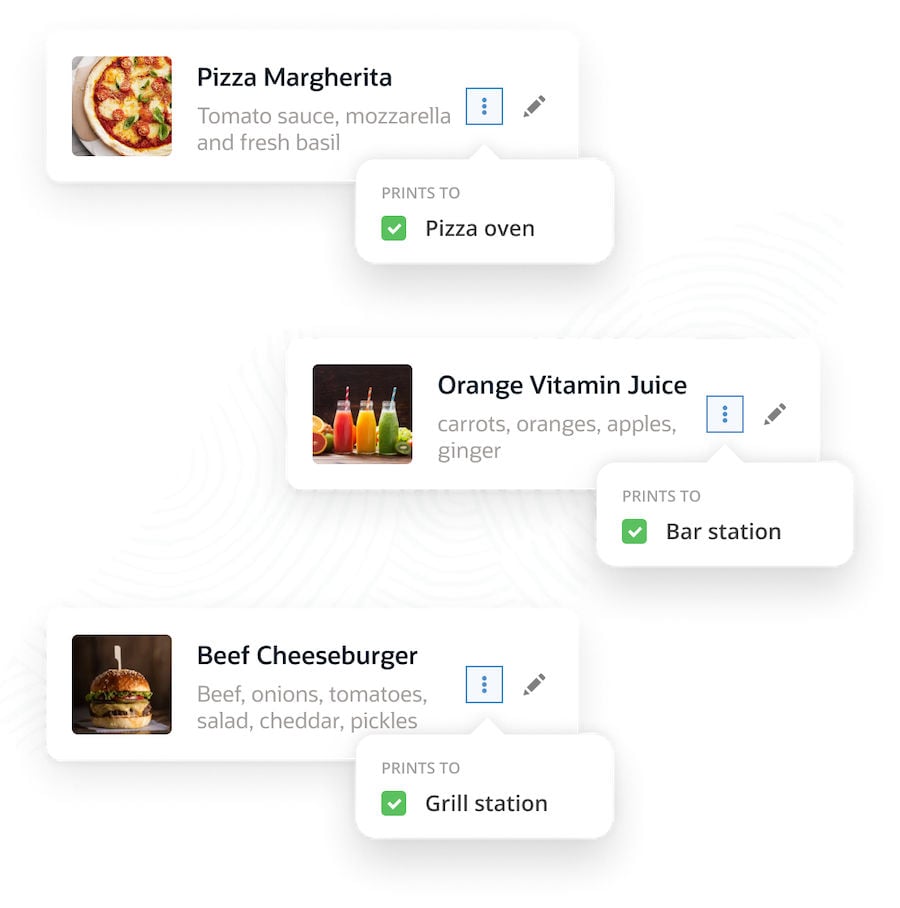 Three labeled options: "Pizza Margherita" assigned to "Pizza oven," "Orange Vitamin Juice" to "Bar station," and "Beef Cheeseburger" to "Grill station," each featuring images and ingredient lists.