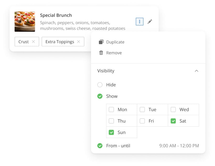 User interface elements displaying a custom brunch item with a list of ingredients and options to adjust crust, extra toppings, and visibility settings for specific days and times.